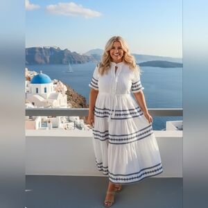 Ivy City Co NWT Santorini Midi Dress White & Navy Plus Size 2X